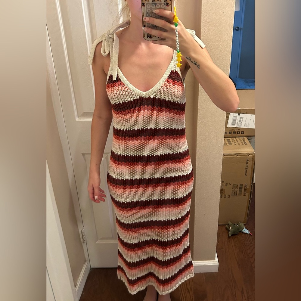 Zara Striped Knit Tie Strap Red Combo Midi Dress NWT